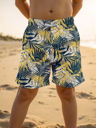 Pantalones cortos de playa casuales y holgados con estampado para niños preadolescentes, adecuados para verano, playa, exterior, natación, con estampado gráfico clásico y elegante de palmeras