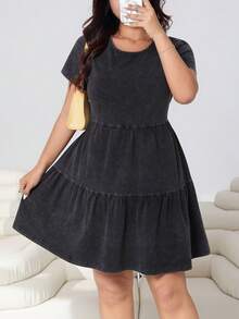 Solflare 大码女式休闲水洗圆领荷叶边短袖连衣裙，春夏款 - 黑色 - 查看 5