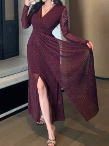 DAZY 女士V领优雅亮片装饰收腰长款连衣裙 - 紫色 - 查看 5