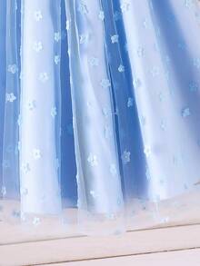 Blue Floral Mesh Bow Sleeveless Dress, Gentle & Elegant Young Girl Summer Party Gown, Vacation Mini Dress - Blue - View 5