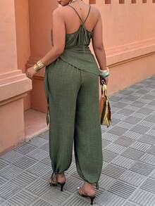 Breezaya Women's Casual Jumpsuit With Asymmetric Waist Tie And Lantern Sleeves, Suitable For Daily Wear And Vacation, Spring/Summer - Army Green - View 2