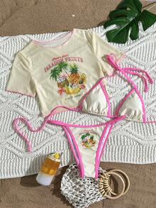 Swim Vcay 女士三件套泳装：水果印花挂脖比基尼上衣，网纱罩衫，甜美时尚，适合海滩度假 - 彩色 - 查看 1