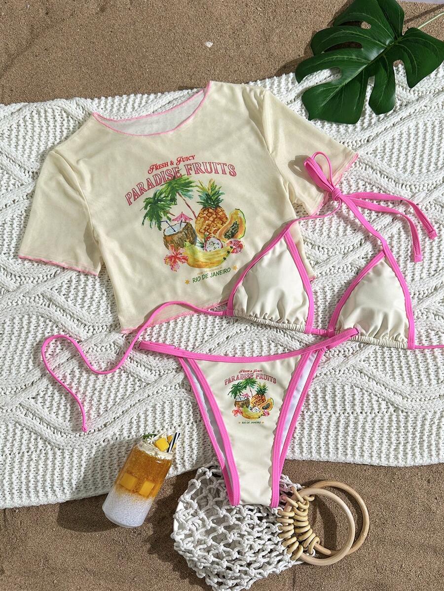 Swim Vcay 女士三件套泳装：水果印花挂脖比基尼上衣，网纱罩衫，甜美时尚，适合海滩度假 - 彩色 - 查看 1
