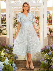 SHEIN V-Neck Short Sleeve Ditsy Floral Dress - Green - View 7