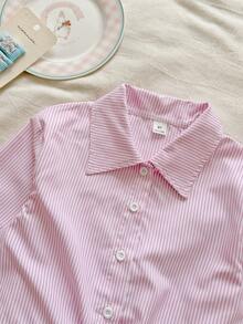 SHEIN Vintaside Kids 少女春季粉白条纹学院风翻领衬衫，适合休闲外出、上学、与朋友聚会、派对、情人节等场合。 - 粉色 - 查看 5