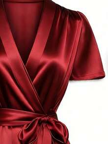 SHEIN Franclia Women's Red Dress For New Year & Christmas, Elegant Party Wear, High Gloss Draped Satin Dress Red Satin Dress Red Cocktail Dress Dinner Outfits For Women Red Wrap Dress Women's Red Dress Red Outfits For Women Women's Dress Casino Night Outfit For Women - Red - View 5