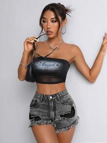 SHEIN PETITE Quần short denim bạc màu, phong cách thường ngày mùa hè. - màu đen - Xem 4