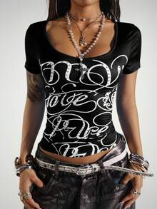 StreetHx Women's Blue Letter Print V-Neck Rhinestone Decor Casual Street Style Short Sleeve T-Shirt, Spring/Summer - Black - View 5