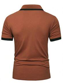 Manfinity Homme 男士休闲撞色滚边短袖Polo衫，夏季男士T领T恤，男士Polo衫，男士休闲上衣，棕色男士上衣，男士高尔夫球衫 - 棕色 - 查看 2