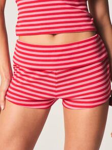 MISSGUIDED 条纹罗纹翻边高腰短裤 红白夏季休闲沙滩休闲装 - 紅色 - 查看 2