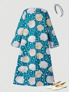 Vestido de estilo medio oriental para niña preadolescente, vestido de manga larga con estampado retro digital de perlas y conchas, adecuado para ir al trabajo, salidas y uso diario - Azul - Ver 2