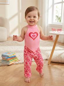 SHEIN 女婴爱心印花弹力吊带背心和喇叭裤套装（2件套），可爱印花百搭套装 - 粉色 - 查看 6