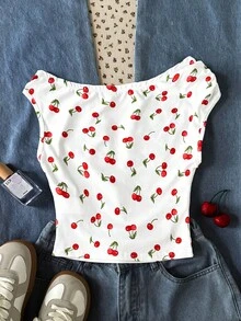 Teen Girl Casual Ruffle Shoulder Cherry Print Versatile Daily T-Shirt Girls Cherry Shirt Cherry Print Top Cute Summer Crop Top Fruity Print Shirt Aesthetic Girls Top - White - View 6