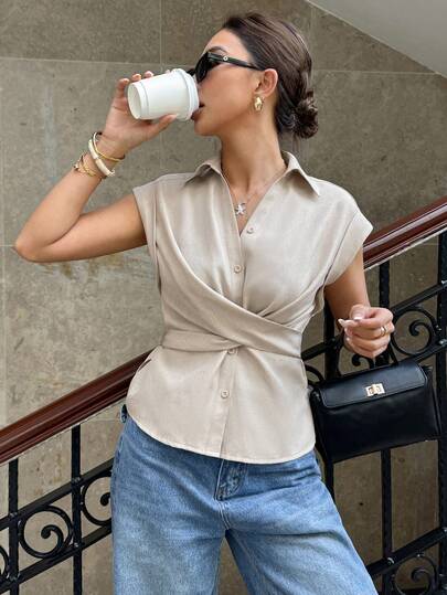 Siren Gaze Women's Wrap Tie Waist Sleeveless Shirt, Elegant Ladies Blouse, Teacher Shirt, Office Wear, Commuter Style, Summer Casual