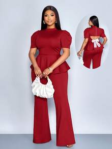 SOLERSUN Women's Elegant Party Summer Red And White Textured Puff Sleeve High Neck Backside Button Bow Cut-Out Waist Slim Fit Top & Long Pants Vintage Set - Burgundy - View 1