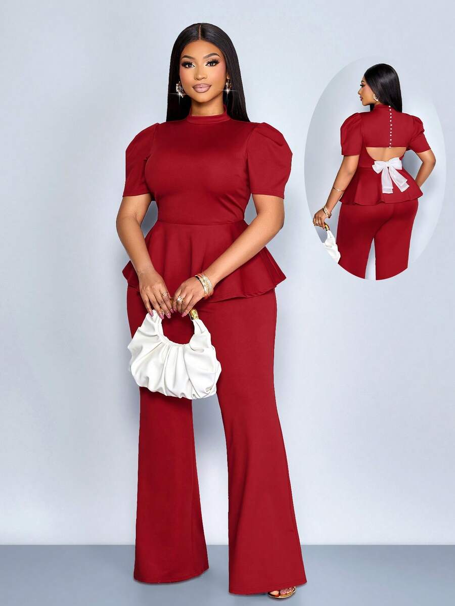 SOLERSUN Women's Elegant Party Summer Red And White Textured Puff Sleeve High Neck Backside Button Bow Cut-Out Waist Slim Fit Top & Long Pants Vintage Set - Burgundy - View 1