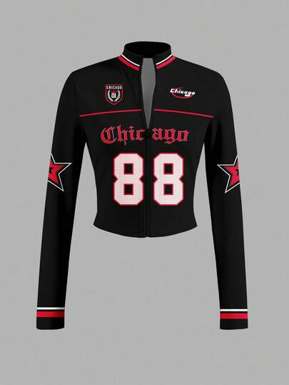 Slaydiva Y2K Casual Minimalist Sports Streetwear Party Airport Outfit, Numeric 88 & English Letter Graphic, Tight Fit Long Sleeve Zip-Up Mock Neck T-Shirt, Suitable For Summer