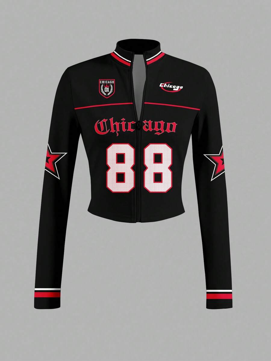 Slaydiva Y2K休闲极简运动街头风机场派对T恤，数字88和英文字母图案，修身长袖拉链高领T恤，适合夏季穿着 - 彩色 - 查看 1