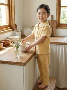 2pcs/Set Young Girl' Polka Dot Print Cute Peter Pan Collar Short Sleeve Cardigan And Casual Pants Homewear Set Yellow Pajama Set Kids Collar Neck Unisex Long Pajama Sets Cotton Summer Sleep Wear Sets Pajamas Set Two Piece - Yellow - View 4