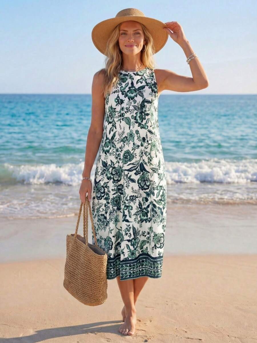 Sylviya 女士休闲无袖瓷纹印花中长连衣裙，适合春夏度假，波西米亚风，休闲度假装 - 綠色 - 查看 1