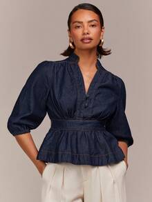 COSMINA Women's V-Neck Ruched Casual Versatile Date Everyday Denim Top - Dark Wash - View 1