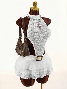 Amplova Romantic Retro High Neck Halter Backless Umbrella A-Line Mini Dress For Women - White - View 1