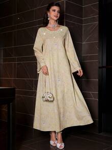 Al Najma Damen Frühling/Sommer gewebtes digital bedrucktes Langarm Perlen elegantes luxuriöses arabisches Kleid - Gelb - Übersicht 4