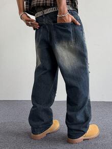 PAVTROS Jeans de pierna ancha casual y versátil para uso diario con diseño desgastado para hombres - Azul - Ver 3