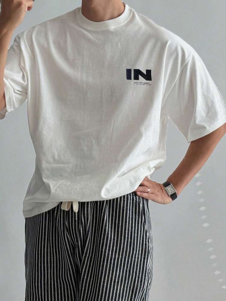 Men's White Letter Print Crew Neck T-Shirt, Summer