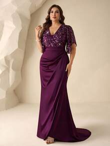 Coutiva Plus Size Purple Sequin Lace Flutter Sleeve Mermaid Evening Gown Deep V-Neckline Sparkle Sequin Embroidered Bodice Luxury Modest Wedding Guest Party - Purple - View 9