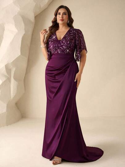 Coutiva 大码新娘母亲礼服，亮片刺绣荷叶袖美人鱼款及地修身长裙