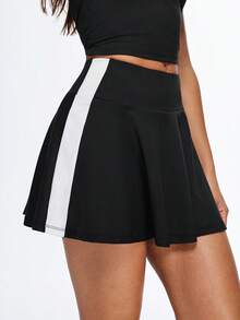 Eassivo Eassivo Women's Black Tennis Skirt With White Side Stripe, High Waist Flowy Athletic Skort, Stretchy Active Sports Skirt For Workout, Running, Golf, And Casual Outfits,Plain Black And White Women's Sports Skort With Mini Shorts And Pocket Detail,Athletic Skorts,Black And White Skort - Black and White - View 6