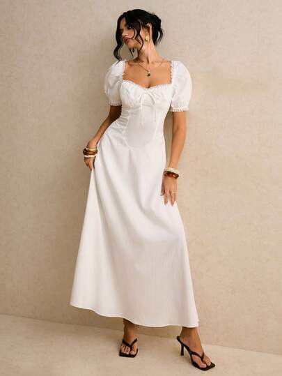 Poéselle 女士纯色蕾丝扭结设计优雅收腰长款派对连衣裙