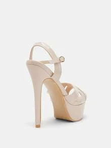 Glitzique 14 厘米高跟厚底凉鞋，防水高跟鞋，闪亮鞋面，露趾，细跟，适合女士 - 杏色 - 查看 8