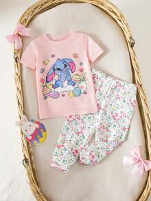 SHEIN Babygirl Summer Cute Cartoon Print Knit Tight Top And Floral Pants Pajama Set - Pink - View 3