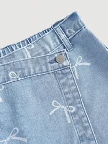 SHEIN Girlism 少女Y2K浅色水洗牛仔短裙，春假风，不对称下摆，腰部系带，适合春夏季节，波西米亚风，复古/海滩/海边/优雅毕业季，休闲，暑假，春季，海滩，假期，情人节，暑假，海滩度假 - 藍色 - 查看 3