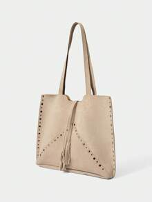 SHECARRY Ladies Large Capacity Suede Rivet Trim Shoulder Tote Bag - Apricot - View 2