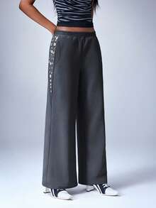 Y2Kool Y2K Chic Loose Fit Women's Sweatpants With Metallic Sheen Shell Button Decor, Suitable For Casual, Party, Holiday, Daily Wear, Spring/Summer - Grey - View 5