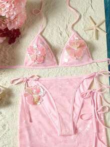 Swim SXY Set de 3 piezas Nuevo bikini con lentejuelas florales y falda con lentejuelas, para mujer - Rosa - Ver 1