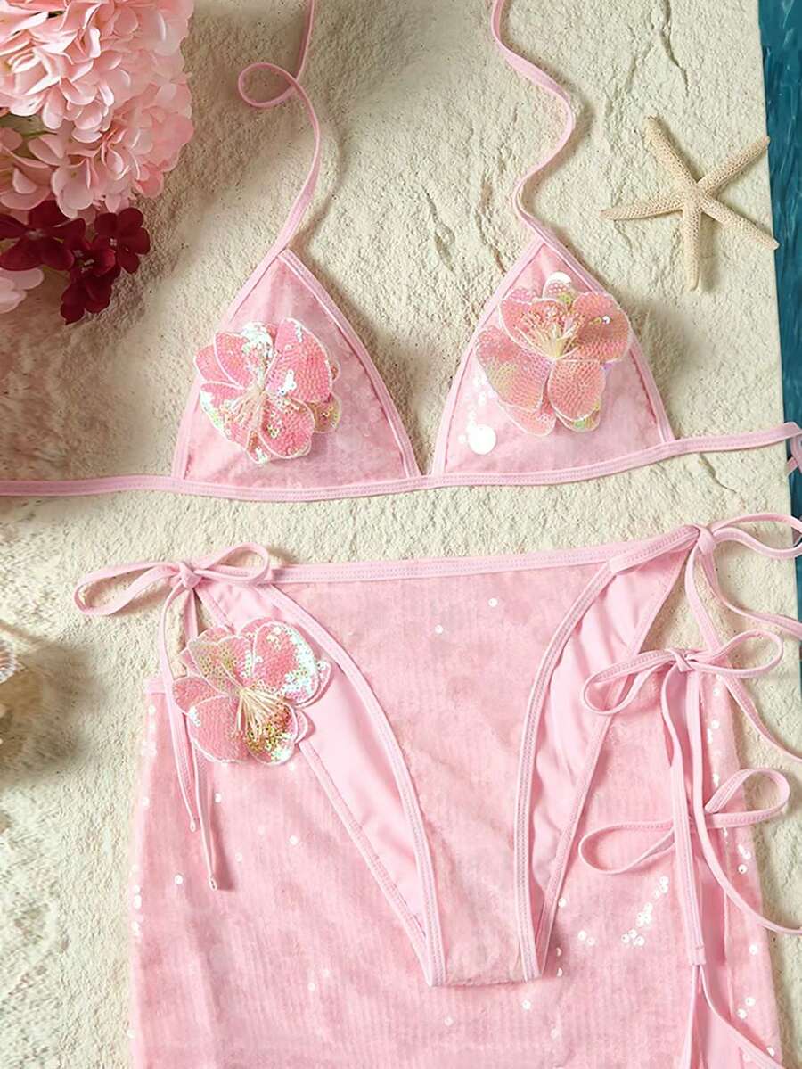 Swim SXY Set de 3 piezas Nuevo bikini con lentejuelas florales y falda con lentejuelas, para mujer - Rosa - Ver 1