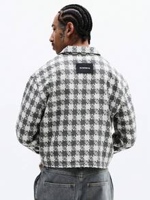 SUMWON Men's Long Sleeve Crop Fit Houndstooth Overshirt Button Front Collared Classic Pattern Statement Piece Casual Formal Outerwear Fall Winter - Light Grey - View 2