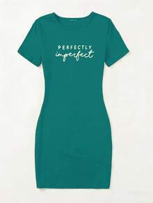 SHEIN Unity Casual Letter Print Short Sleeve Round Neck Summer Dress - Green - View 3