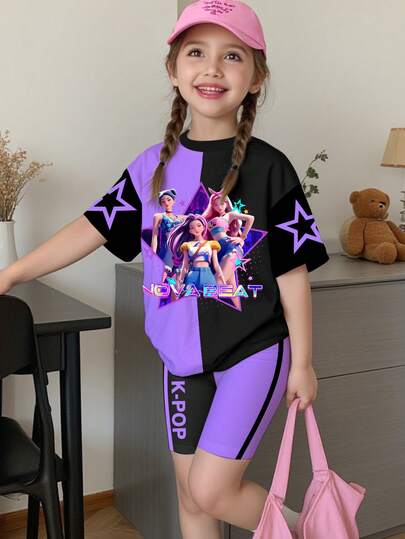 SHEIN 2pcs/Set Young Girl Casual Chic Fashionable Colorful K-POP Girl Group Letter & Star Print, Suitable For Holidays, Parties, Daily Wear, Concerts, Round Neck Short Sleeve T-Shirt And Shorts Set For Summer