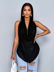 SOLERSUN 夏季海滩女士音乐会女士锐舞节乡村音乐会伊比沙优雅度假女士波西米亚极简主义辣妹露背摇摆性感雪纺吊带垂褶上衣衬衫纳什维尔。 - 黑色 - 查看 3