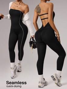 SHEIN Dewbera One-Shoulder Bandeau Style Jumpsuit Women, Fashion Backless Waist Tight-Fitting Yoga Fitness Romper - Black - View 1