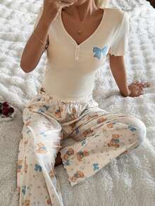SHEIN Women's Casual V-Neck Knit Bow Floral & Bear Print Pajama Set - Beige - View 1