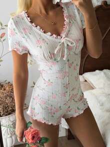 SHEIN V-Neck Frill Trim Rose Print Romantic Fitted Short Sleeve Jumpsuit Pajamas - Baby Pink - View 7