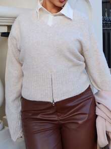 NegzBox V-Neck Zip Hem Relaxed Casual Pullover Sweater For Women In Fall/Winter - Apricot - View 3