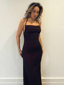 RebeccaVibe Vintage Sexy Mesh Slit Drawstring V-Neck Dress - Black - View 4