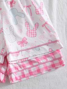 Conjunto de pijama de 4 piezas para niñas con estampado a cuadros y diseño de conejo, con polo de cuello corto y pantalones cortos - Multicolor - Ver 8